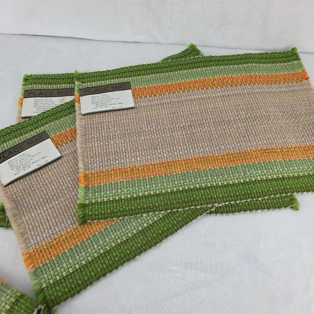 Vintage MCM Woven Placemats Set of 4 Green Orange Beige Made in Japan Unused NOS